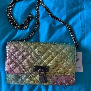 KURT GEIGER Brixton Metallic Rainbow Quilted Leather Clutch Wallet on Chain Bag